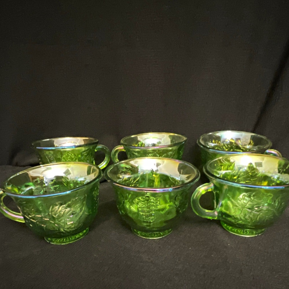 Green Carnival Glass Grapevine Pattern Cups With Handles Set Of 6 Round Glossy